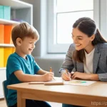 Home 6 아동상담사 연봉 협상 사례 - **A compassionate child psychologist at work:** A warm, brightly lit image of a female child psychol...