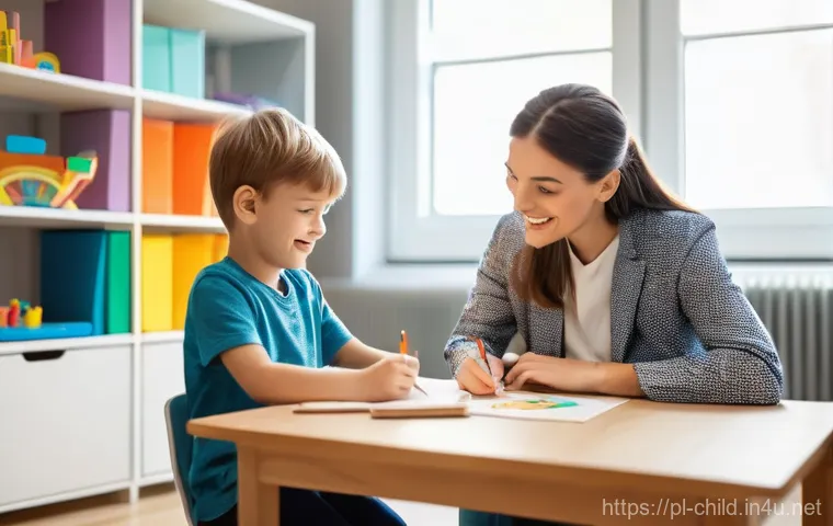 아동상담사 연봉 협상 사례 - **A compassionate child psychologist at work:** A warm, brightly lit image of a female child psychol...