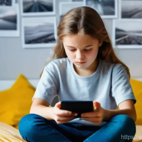 Home 15 아동상담사 직무 특성 이해 - A young Polish girl, around 10-12 years old, sits on her bed, fully dressed in comfortable casual cl...