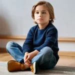 Home 7 아동상담사 업무 사례 - A thoughtful young child, approximately 6-8 years old, sitting cross-legged on a comfortable floor c...