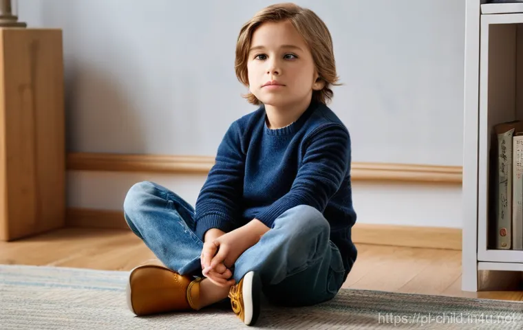 아동상담사 업무 사례 - A thoughtful young child, approximately 6-8 years old, sitting cross-legged on a comfortable floor c...